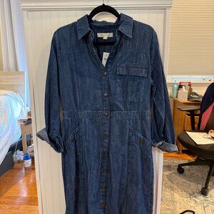 NWT LOFT Denim Long Sleeve Maxi Dress Pockets Front Snaps Size 8 Dark Wash
